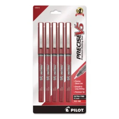 Pilot 26012 Precise V5 Rollerball Pen, Stick, Extra-fine 0.5 Mm, Red Ink, Red/clear Barrel, 5/pack