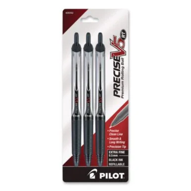 Pilot 26052 Precise V5rt Roller Ball Pen, Retractable, Extra-fine 0.5 Mm, Black Ink, Black/silver Barrel, 3/pack