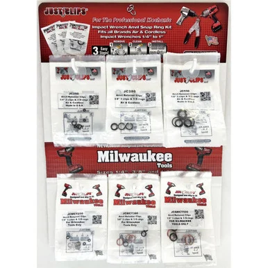 Just Clips JCM-JCMCTSRD 6 Hook Display Comes W/ 10 Packs Ea Of 1/4", 3/8" & 1/2" Jc Original & Milwaukee Style Snap Ring Kts