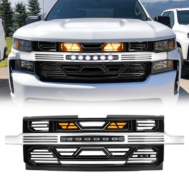 American Modified AMCHCA00132 Armor Front Grille With Off-Road And Amber Lights for Chevy Silverado 1500
