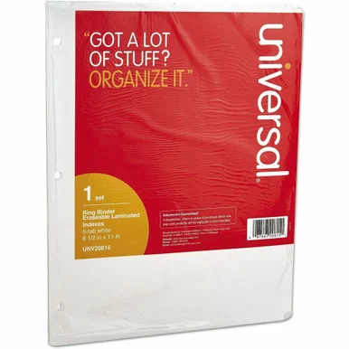 Universal Deluxe Write-On/Erasable Tab Index, 5-Tab, 11 x 8.5, White, White Tabs, 1 Set (unv-20815)