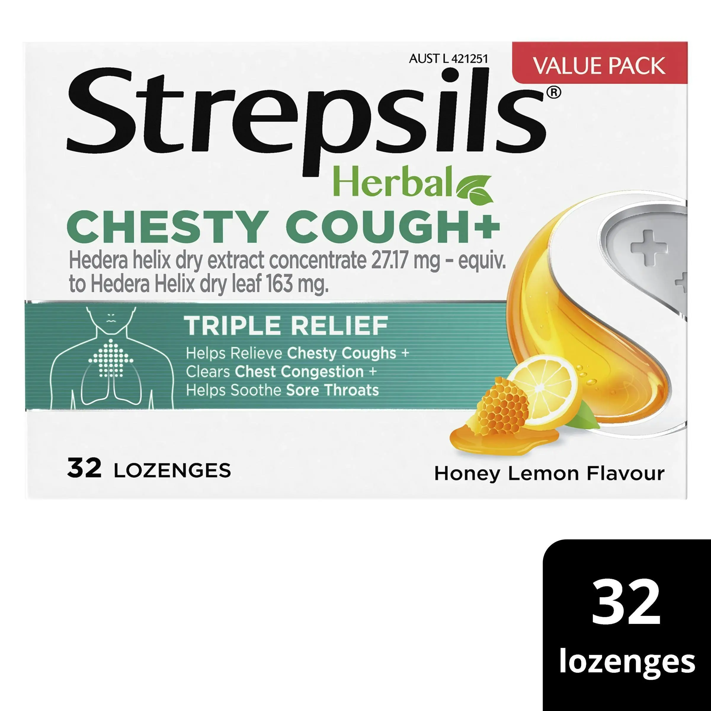 Strepsils Herbal Chesty Cough Honey Lemon Flavour 32 Lozenges - Health