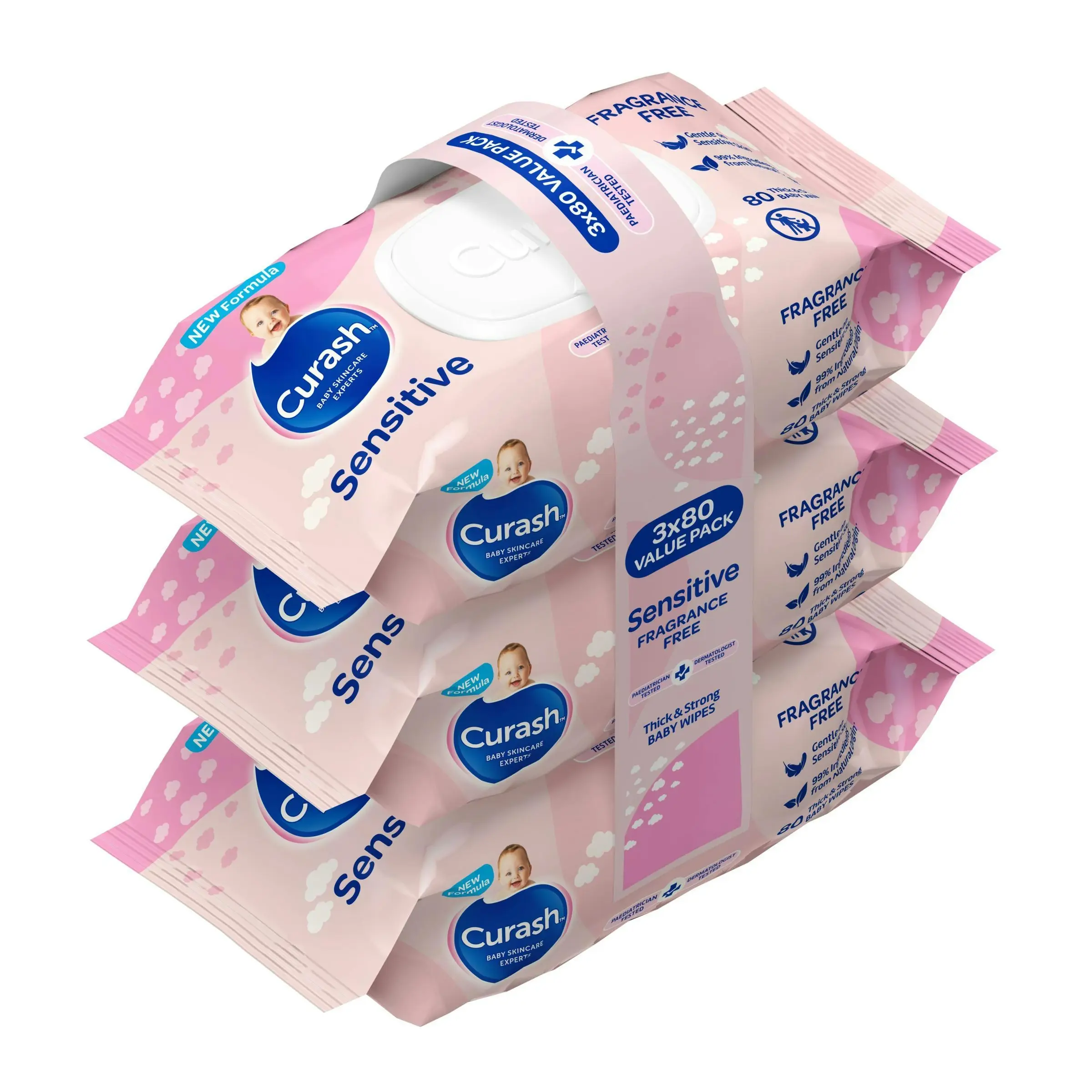 Curash Wipes Fragrance Free 3X80 Pack - Baby