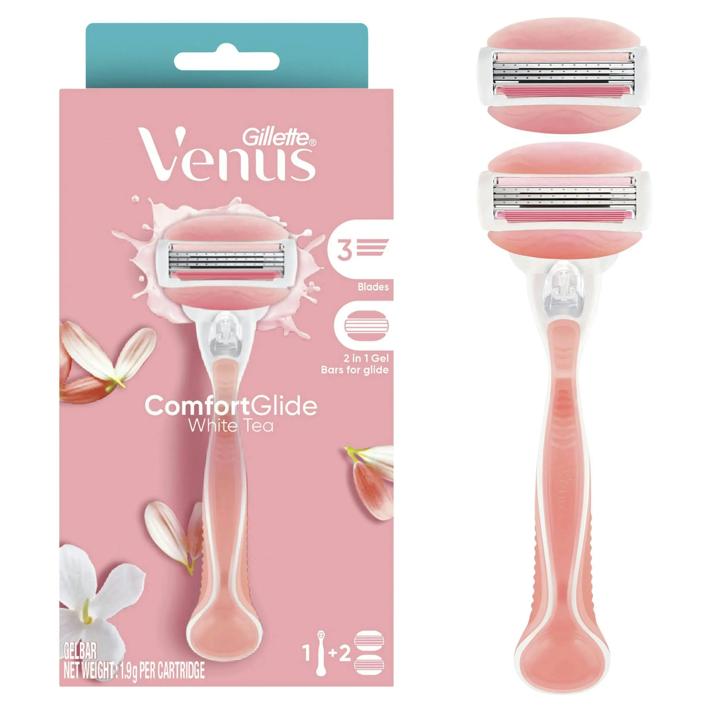 Gillette Venus Comfort Glide White Tea Razor Handle + 2 Blade Refills - Beauty