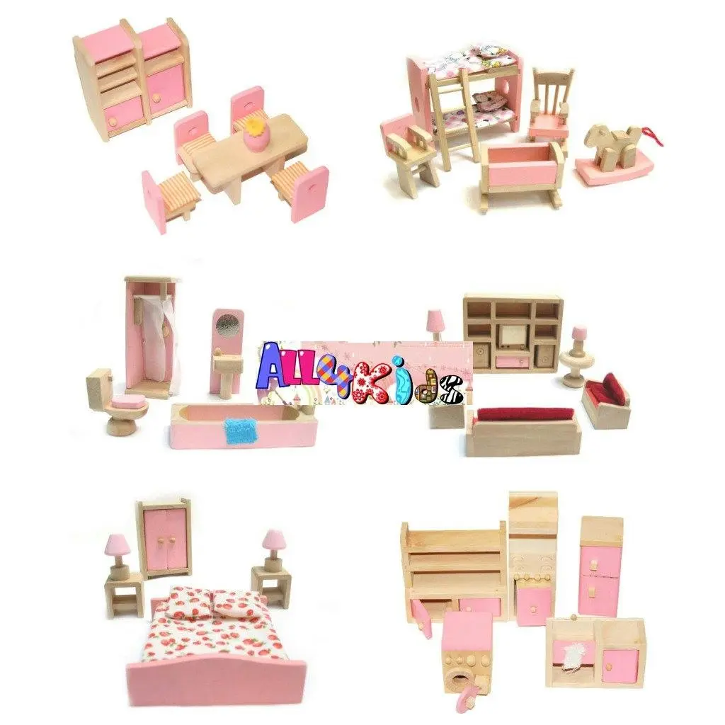 All 4 Kids Wooden Doll House Furniture Miniature 6 Rooms & 4 Dolls Set - Toys & Games