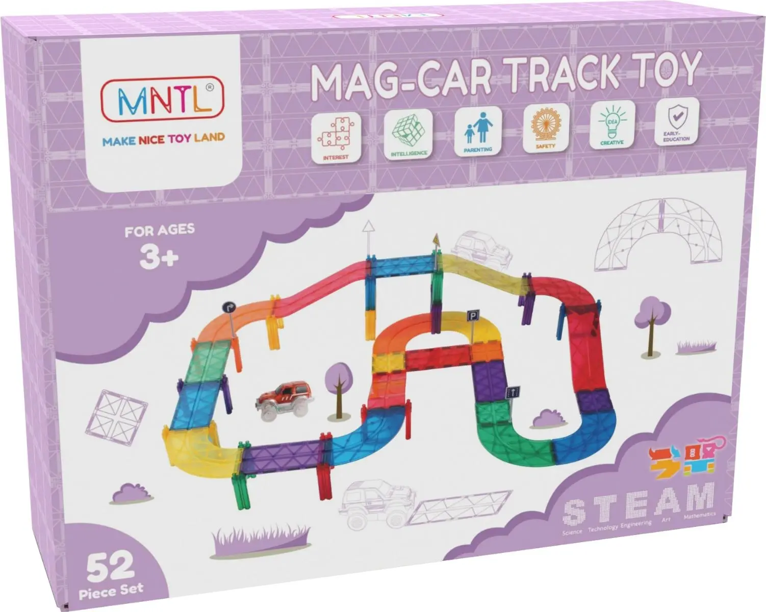 MNTL Classic Magnetic Car Track Set 52 Pcs - Toys & Games