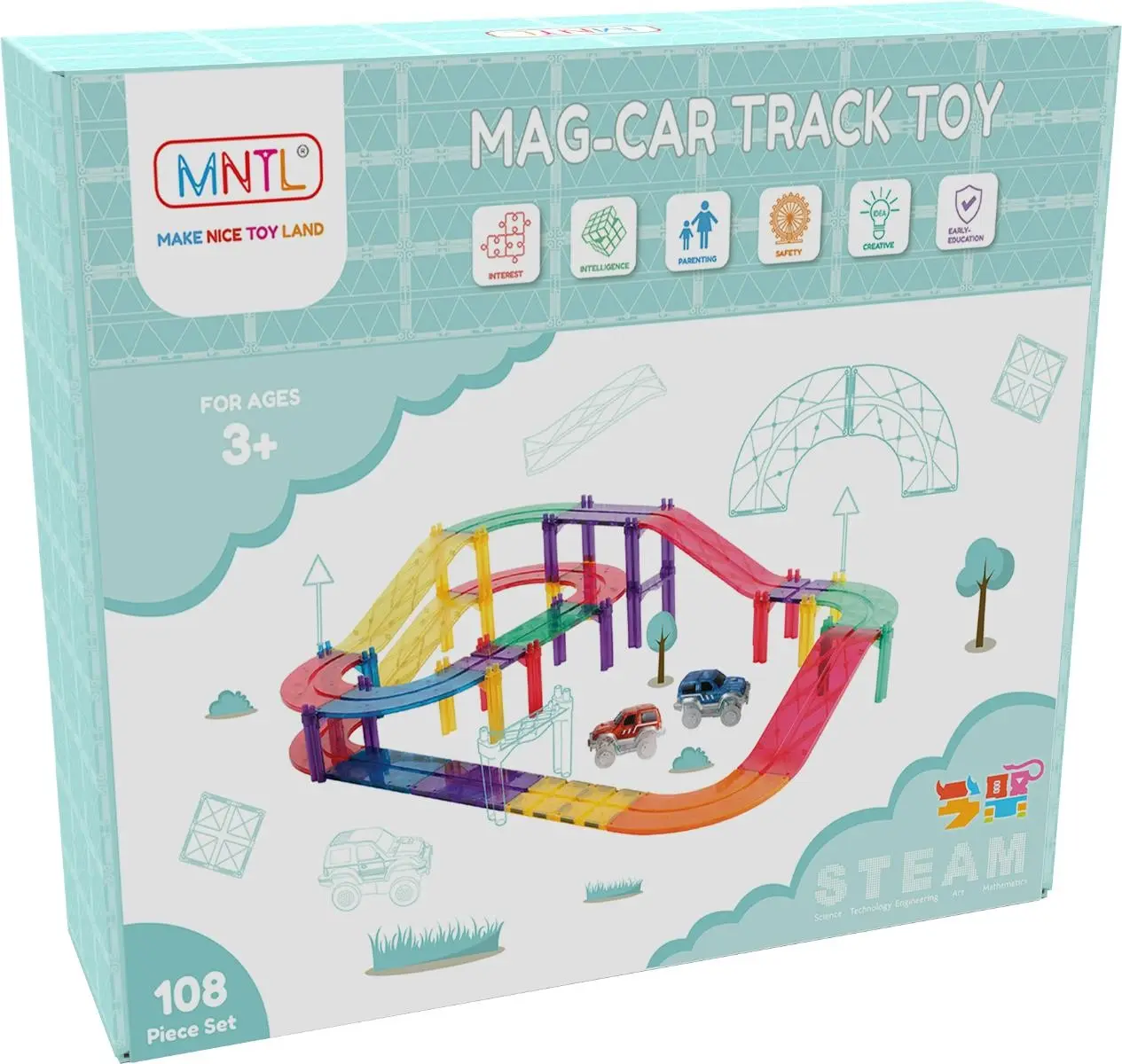 MNTL Classic Magnetic Car Track Set 108 Pcs - Toys & Games