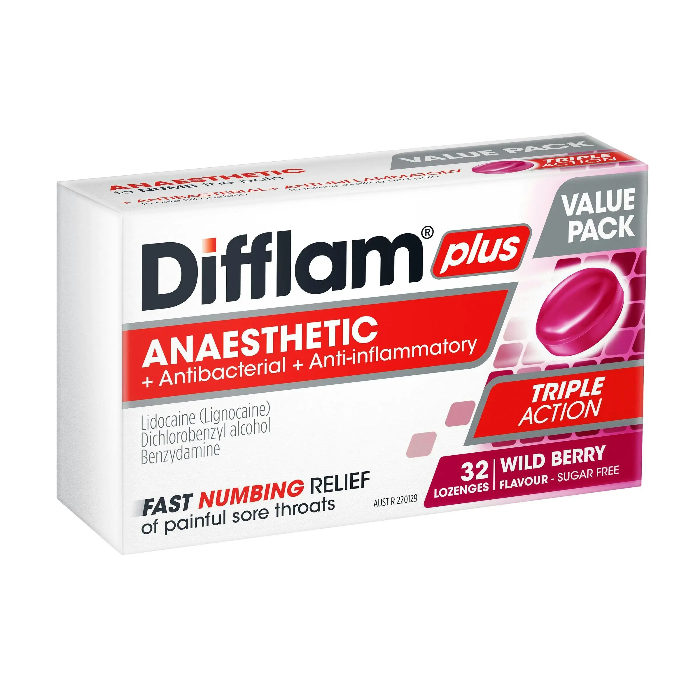 Difflam Plus Anaesthetic Sore Throat Triple Action Lozenges Berry Flavour 32 Lozenges - Health
