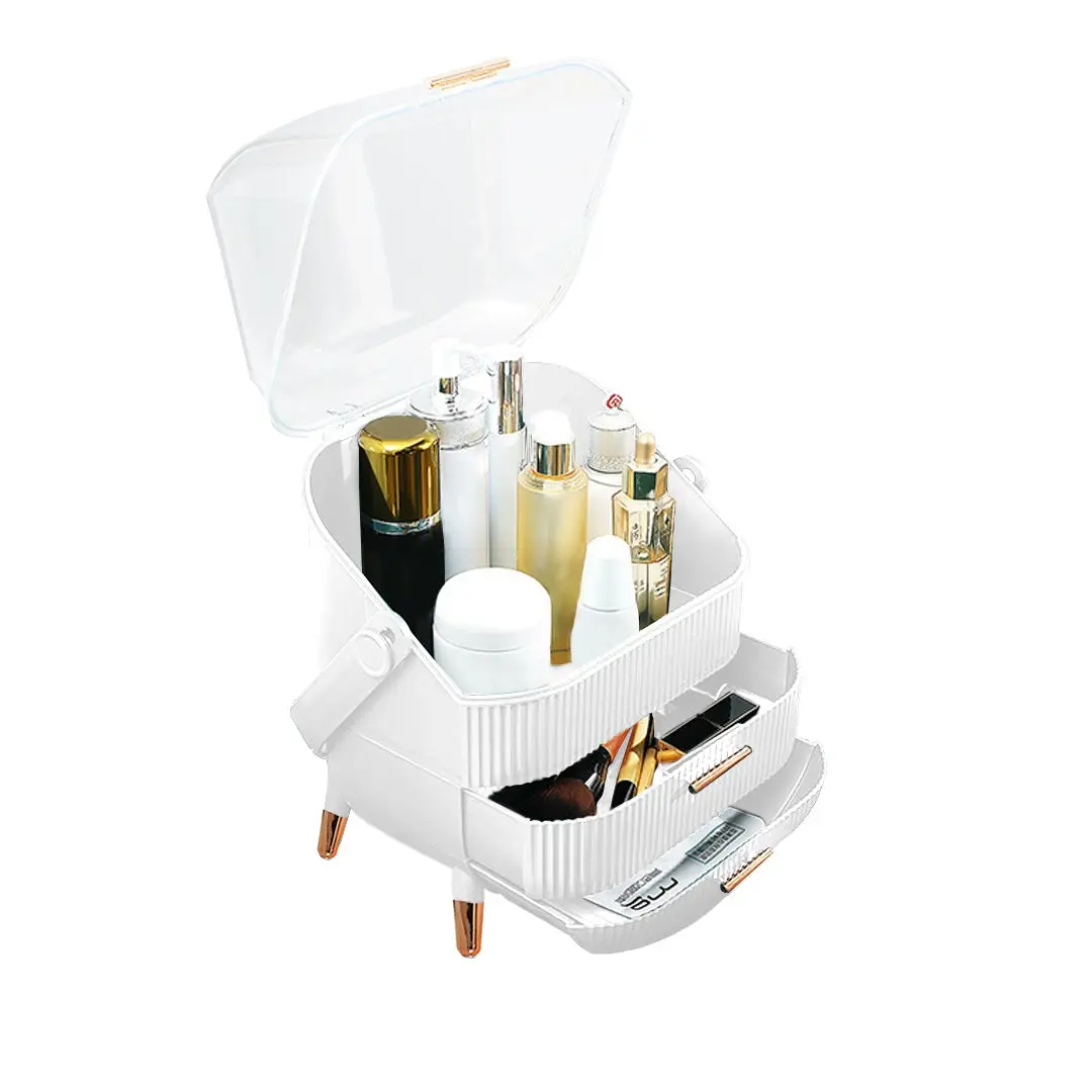SOGA 29cm White Countertop Makeup Cosmetic Storage Organiser Skincare Holder Jewelry Storage Box with Handle - Furniture
