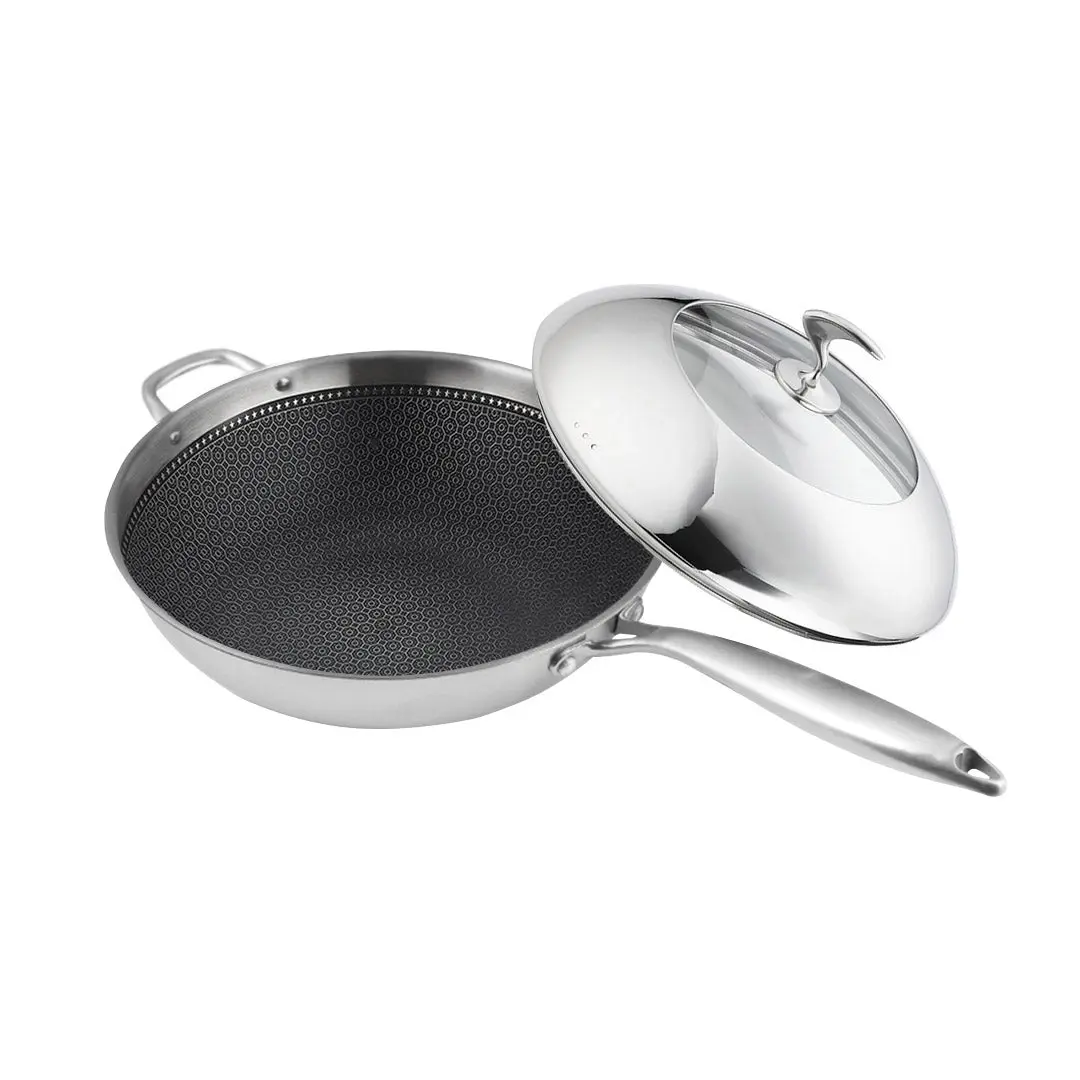 SOGA 18/10 Stainless Steel Fry Pan 32cm Frying Pan Top Grade Non Stick Interior Skillet with Helper Handle and Lid - Home & Garden
