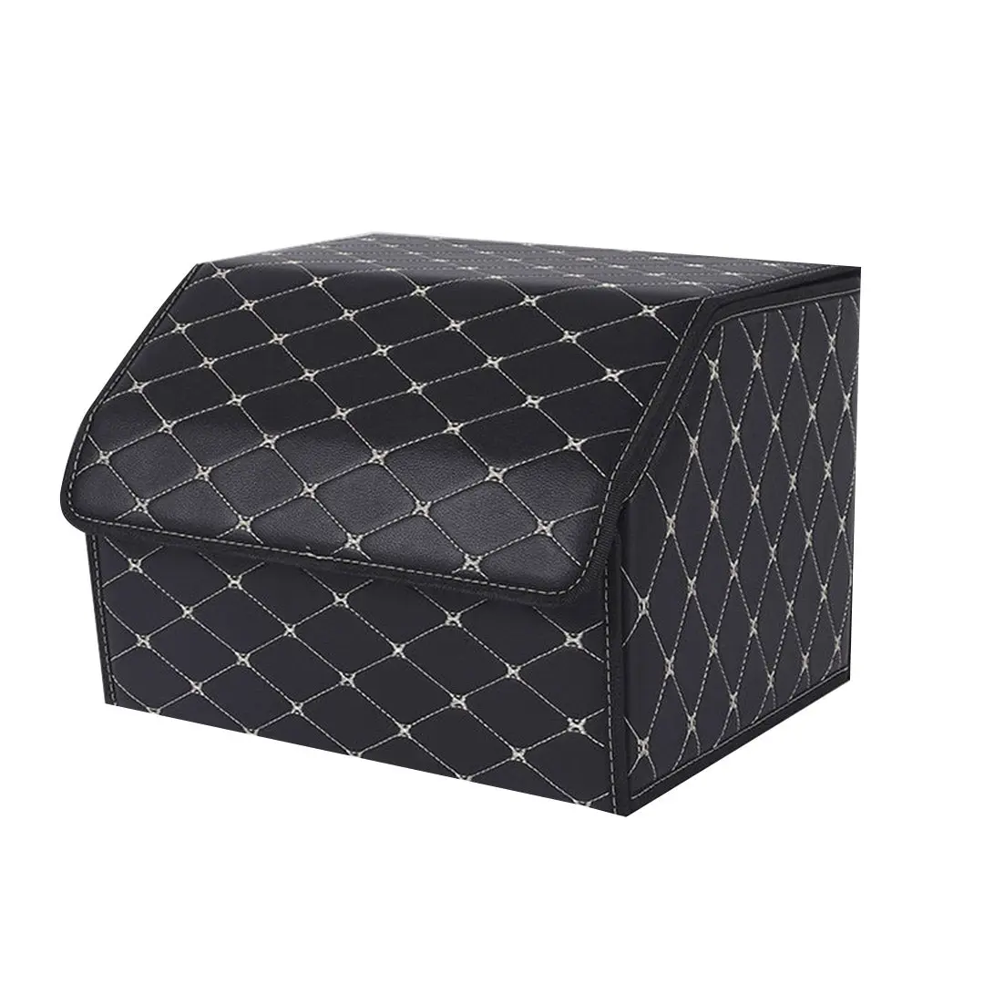 SOGA Leather Car Boot Collapsible Foldable Trunk Cargo Organizer Portable Storage Box Black/Gold Stitch Medium - Automotive