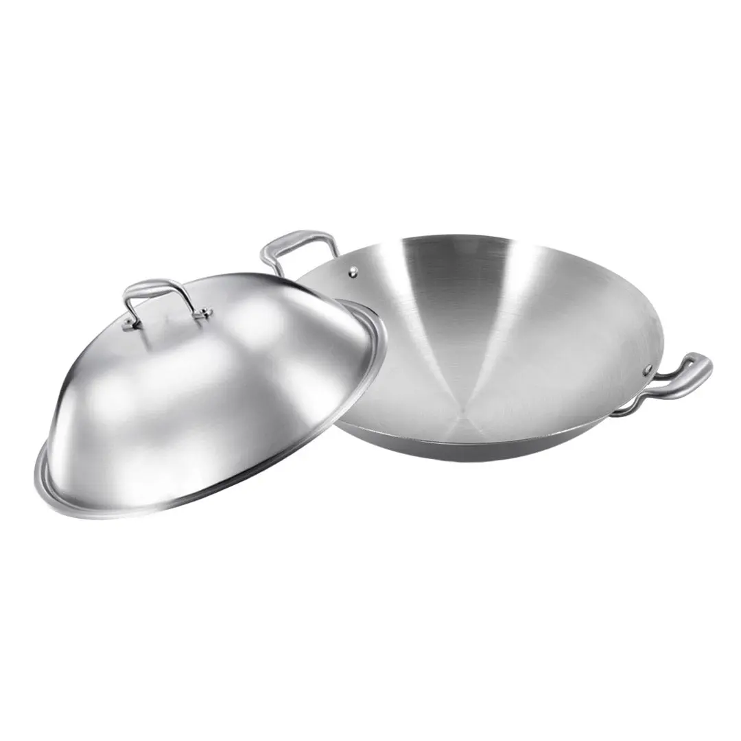 SOGA 3-Ply 38cm Stainless Steel Double Handle Wok Frying Fry Pan Skillet with Lid