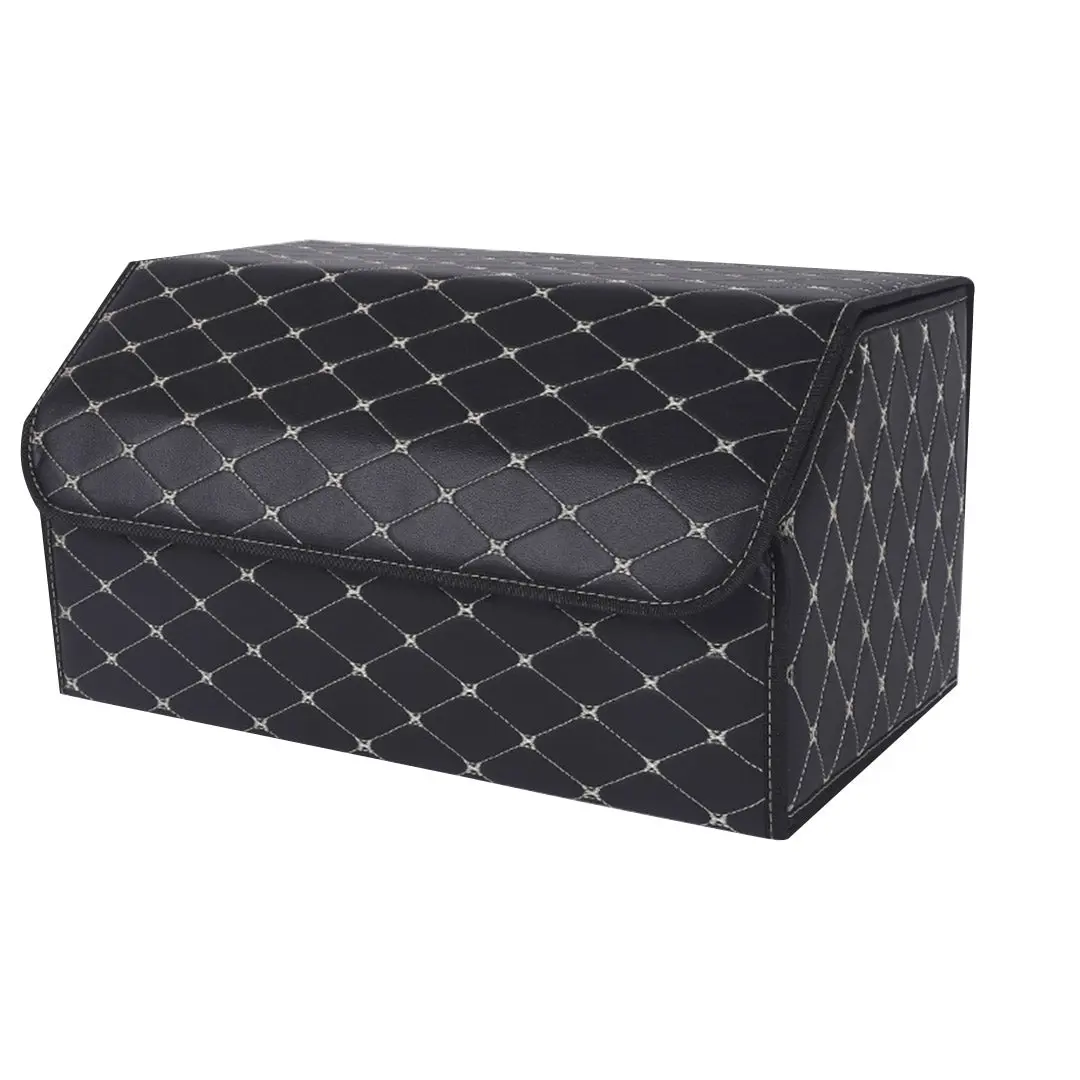 SOGA Leather Car Boot Collapsible Foldable Trunk Cargo Organizer Portable Storage Box Black/Gold Stitch Large - Automotive