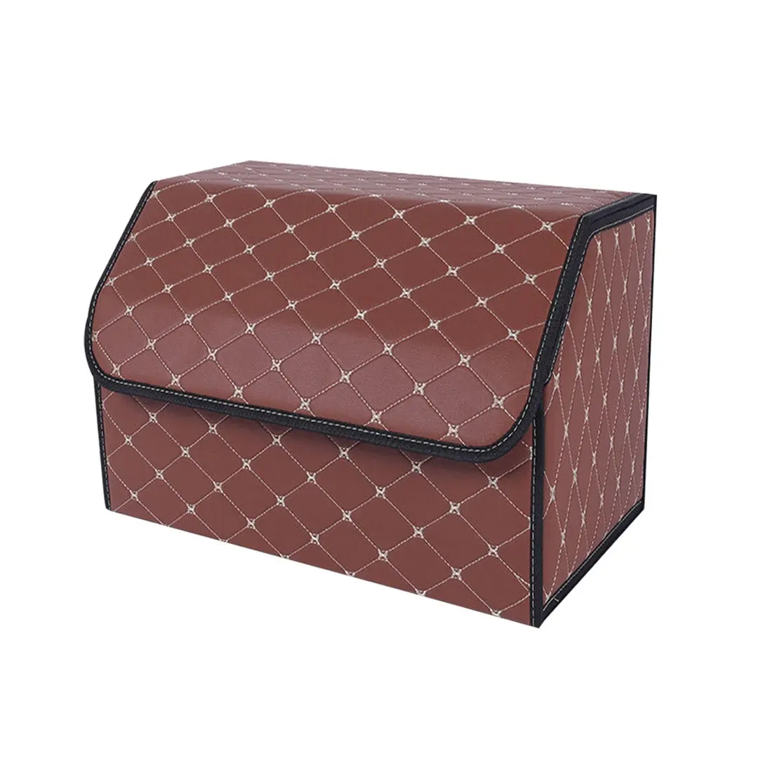SOGA Leather Car Boot Collapsible Foldable Trunk Cargo Organizer Portable Storage Box Coffee/Gold Stitch Medium - Automotive