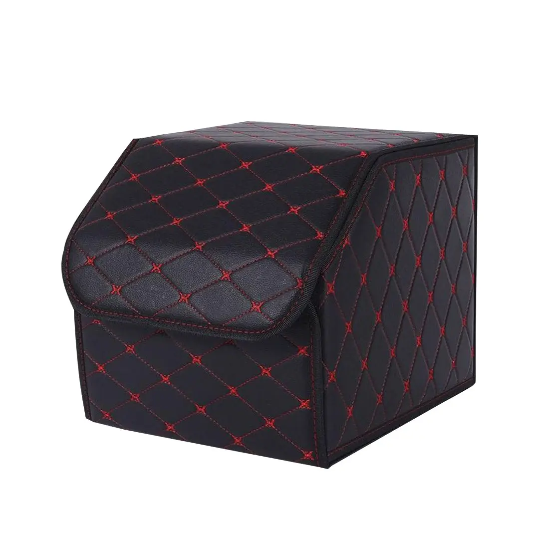SOGA Leather Car Boot Collapsible Foldable Trunk Cargo Organizer Portable Storage Box Black/Red Stitch Small - Automotive