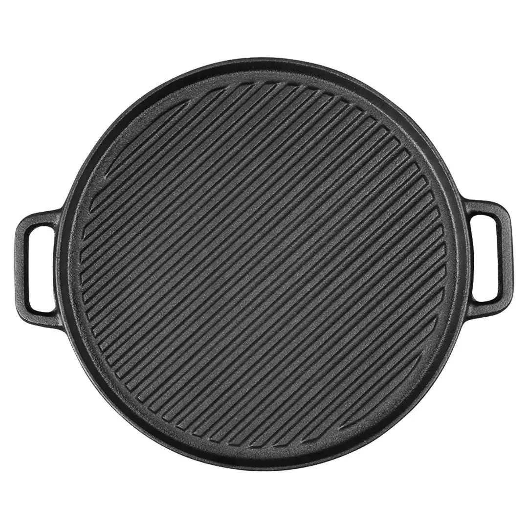 SOGA 30cm Round Cast Iron Ribbed BBQ Pan Skillet Steak Sizzle Platter with Handle - Home & Garden
