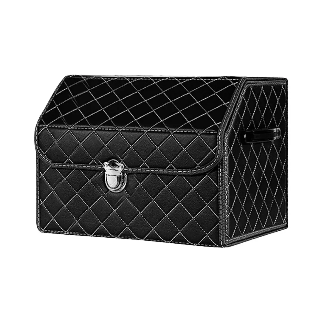 SOGA Leather Car Boot Collapsible Foldable Trunk Cargo Organizer Portable Storage Box Black/White Stitch with Lock Small - Automotive