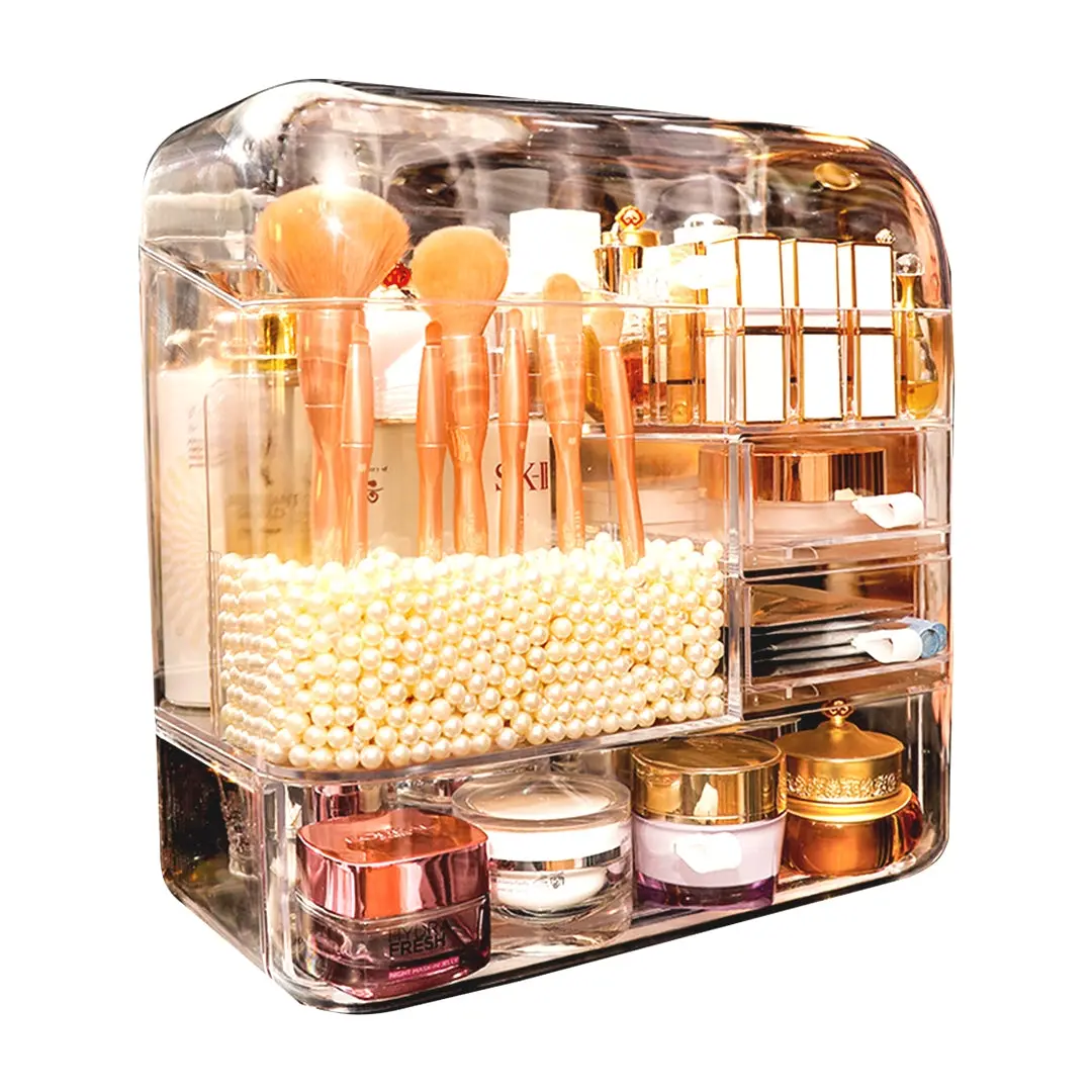 SOGA Transparent Cosmetic Storage Box Clear Makeup Skincare Holder with Lid Drawers Waterproof Dustproof Organiser with Pearls - Furniture