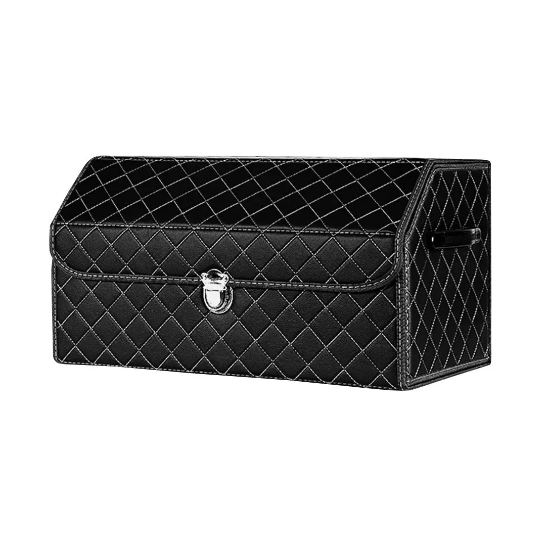 SOGA Leather Car Boot Collapsible Foldable Trunk Cargo Organizer Portable Storage Box Black/White Stitch with Lock Medium - Automotive