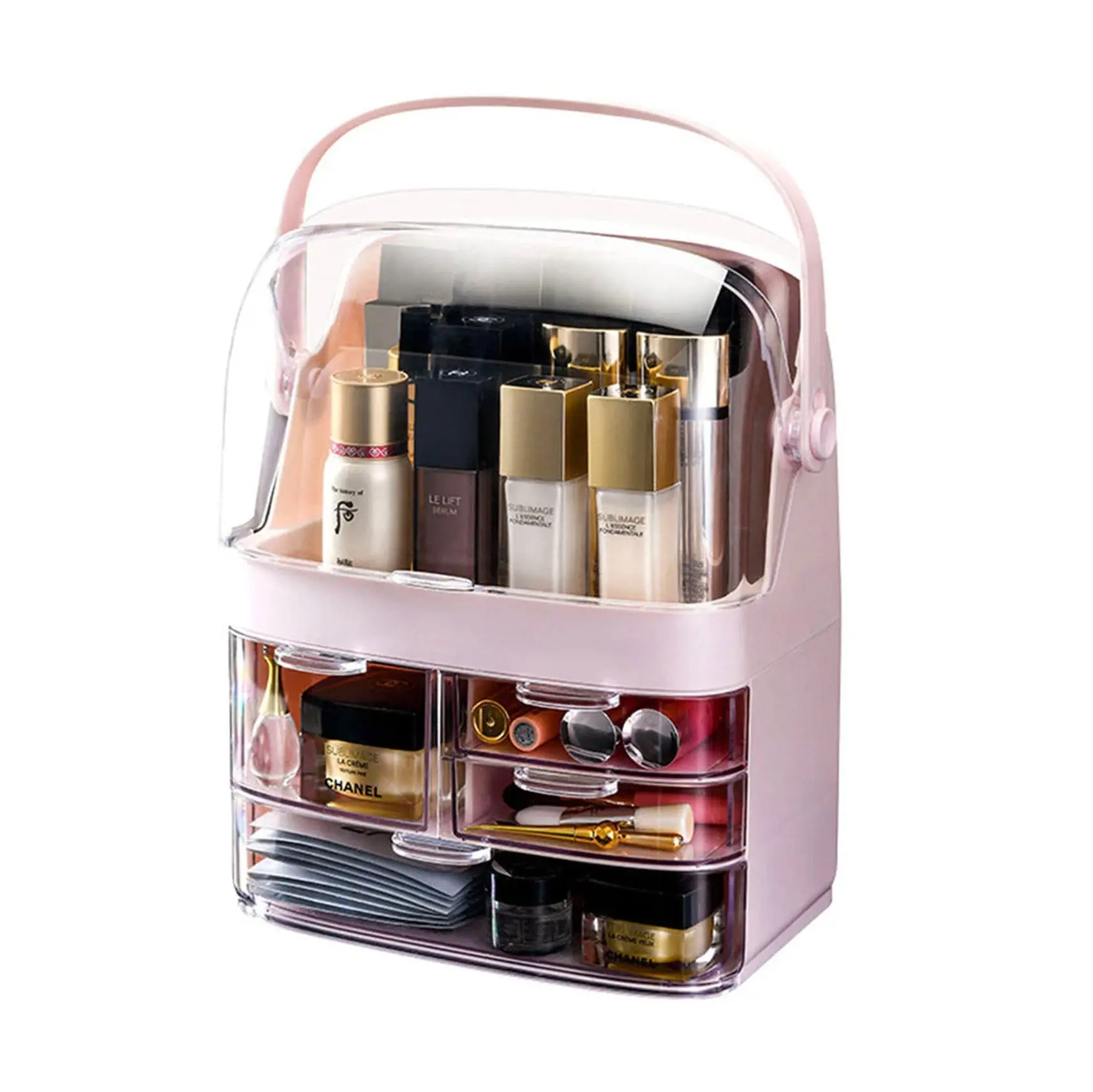 SOGA 3 Tier Pink Countertop Makeup Cosmetic Storage Organiser Skincare Holder Jewelry Storage Box with Handle - Furniture