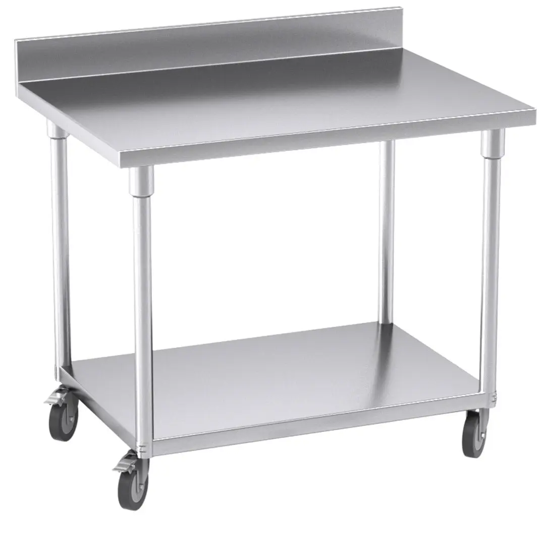 SOGA Commercial Stainless Steel Prep Bench with Backsplash & Casters 100cm - Furniture