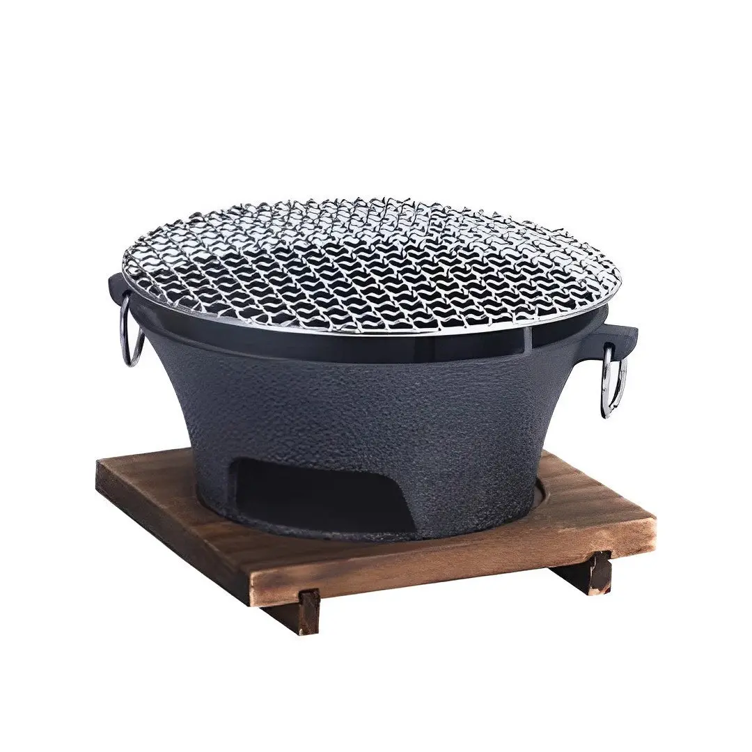 SOGA Small Cast Iron Round Stove Charcoal Table Net Grill Japanese Style BBQ Picnic Camping with Wooden Board - Home & Garden