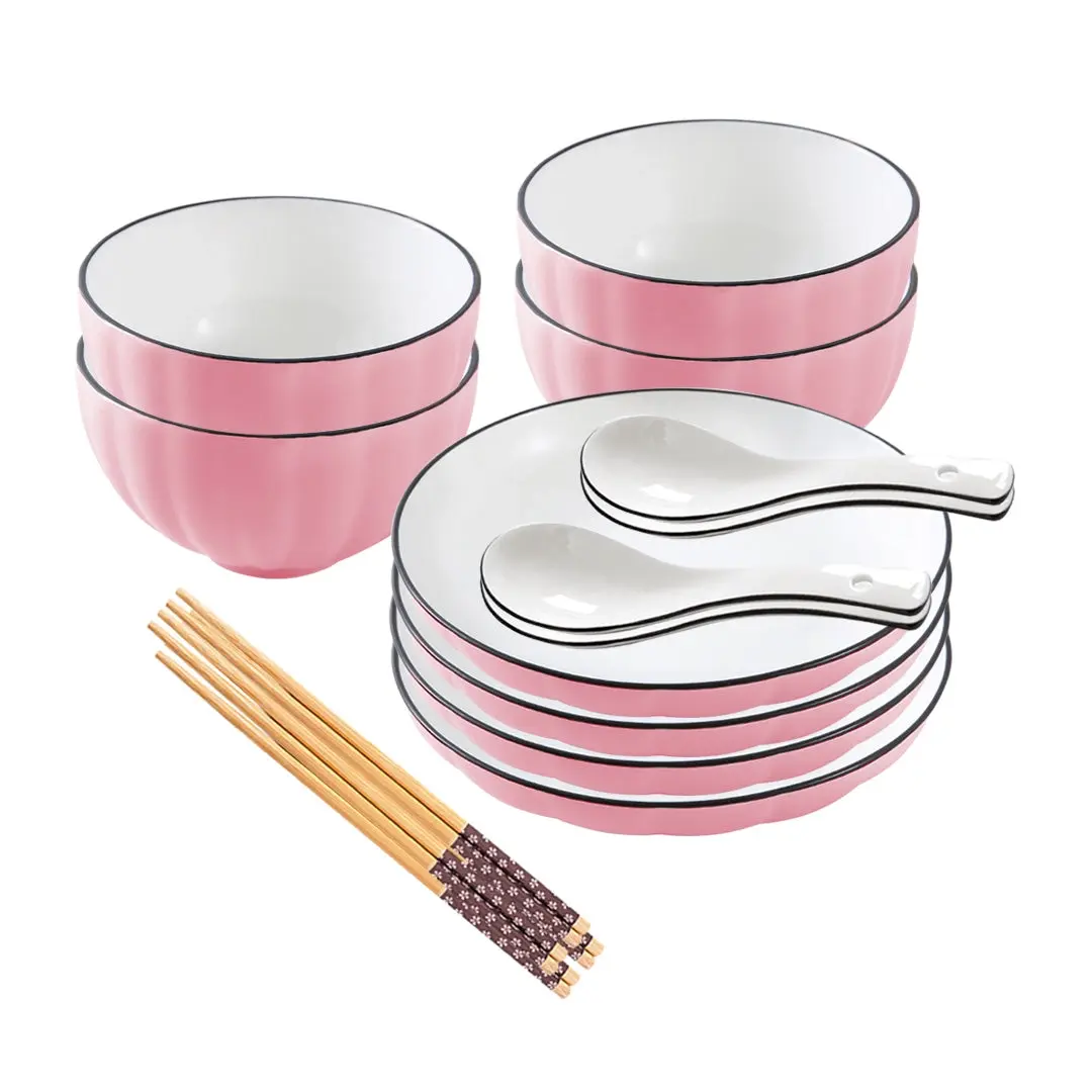 SOGA Pink Japanese Style Ceramic Dinnerware Crockery Soup Bowl Plate Server Kitchen Home Decor Set of 8 - Home & Garden