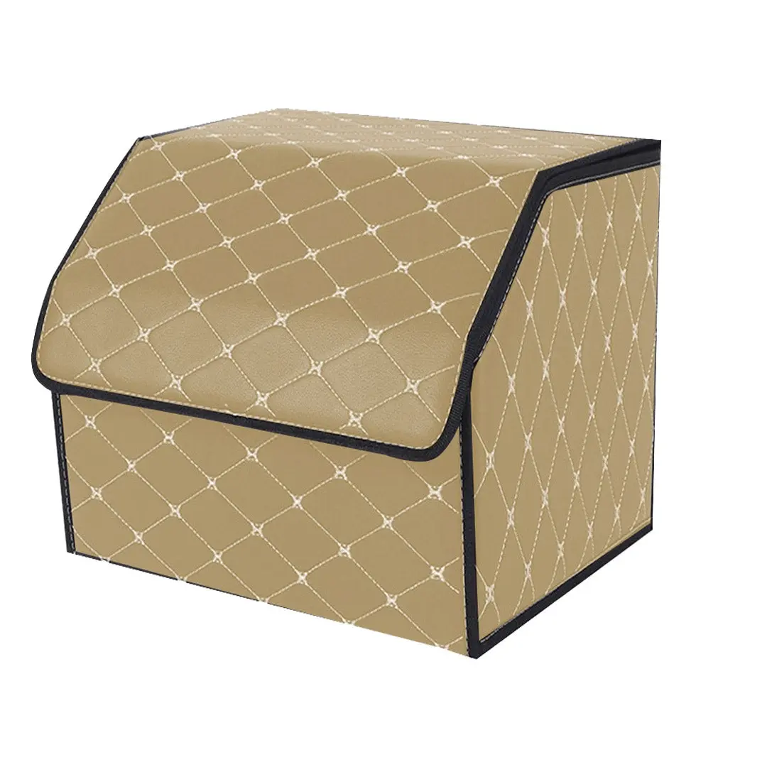 SOGA Leather Car Boot Collapsible Foldable Trunk Cargo Organizer Portable Storage Box Beige/Gold Stitch Small - Automotive