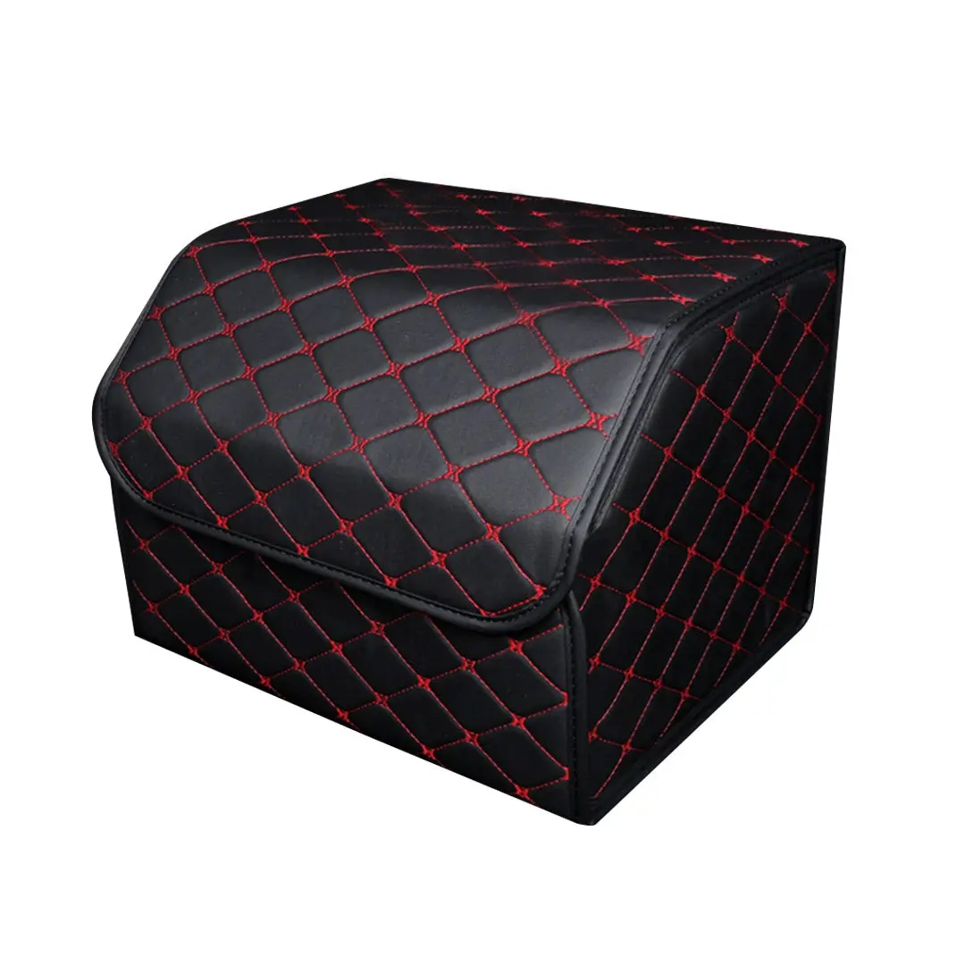 SOGA Leather Car Boot Collapsible Foldable Trunk Cargo Organizer Portable Storage Box Black/Red Stitch Medium - Automotive