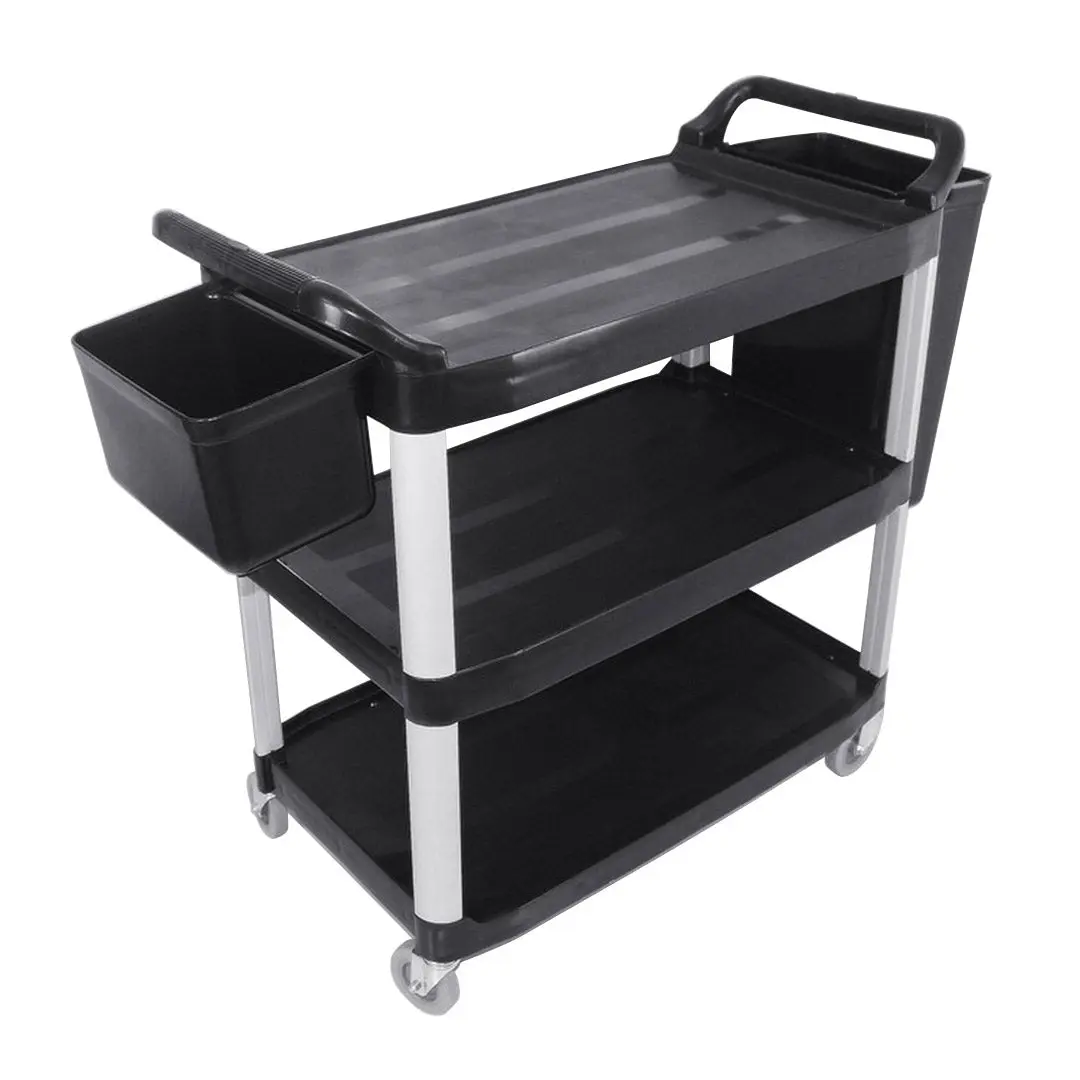 SOGA 3 Tier Food Trolley Food Waste Cart With Two Bins Storage Kitchen Black Large - Furniture