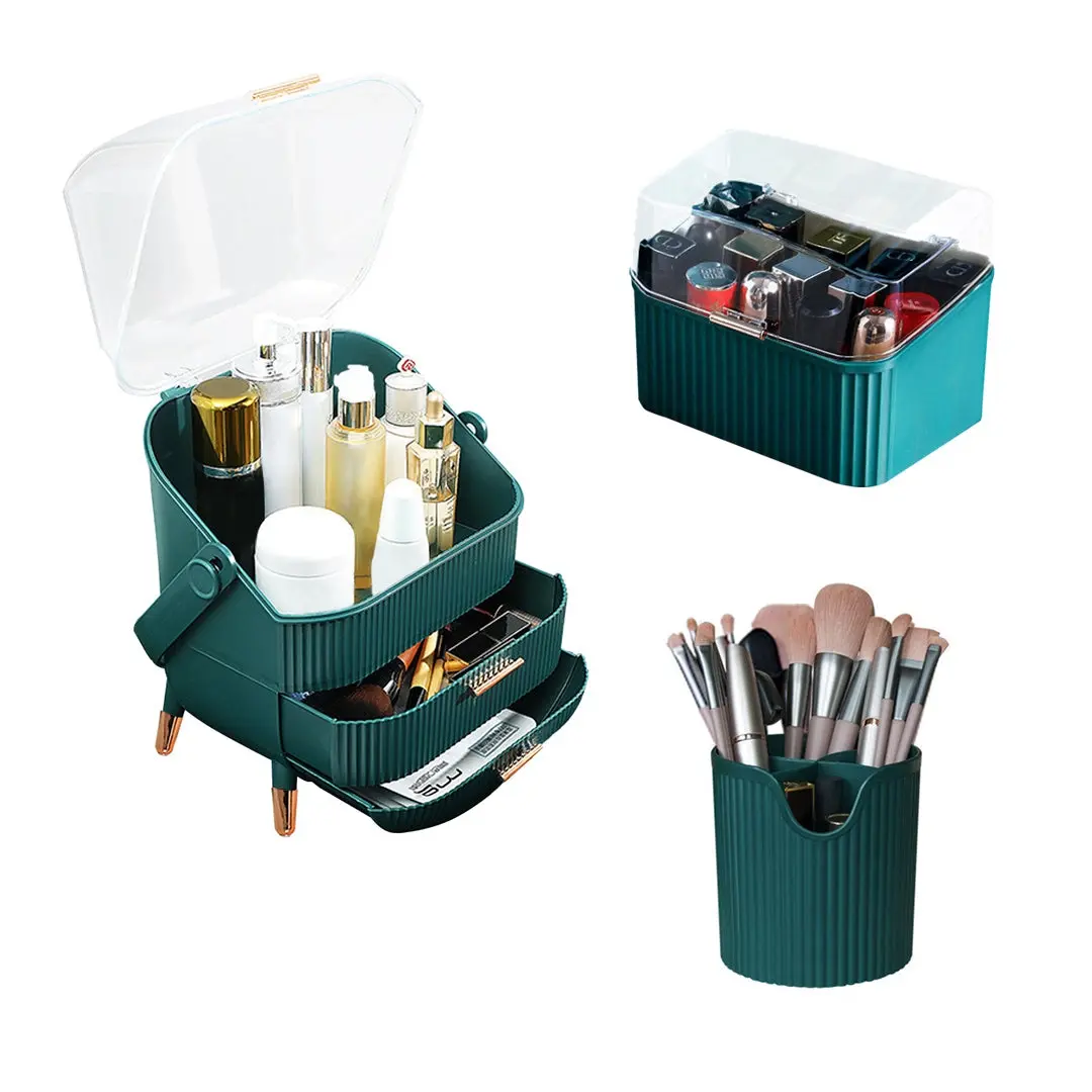 SOGA Green Cosmetic Jewelry Storage Organiser Set Makeup Brush Lipstick Skincare Holder Jewelry Storage Box with Handle - Furniture