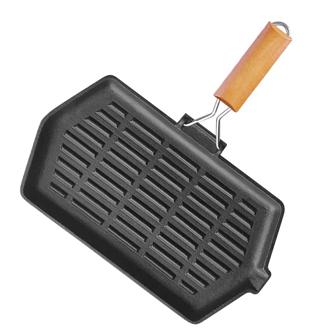 SOGA Rectangular Cast Iron Griddle Grill Frying Pan with Folding Wooden Handle - Home & Garden
