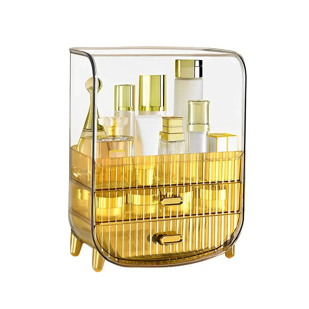 SOGA 3 Tier Golden Yellow Multifunctional Countertop Cosmetic Storage Makeup Perfume Skincare Display Stand Shelf Drawer Type Organiser - Furniture