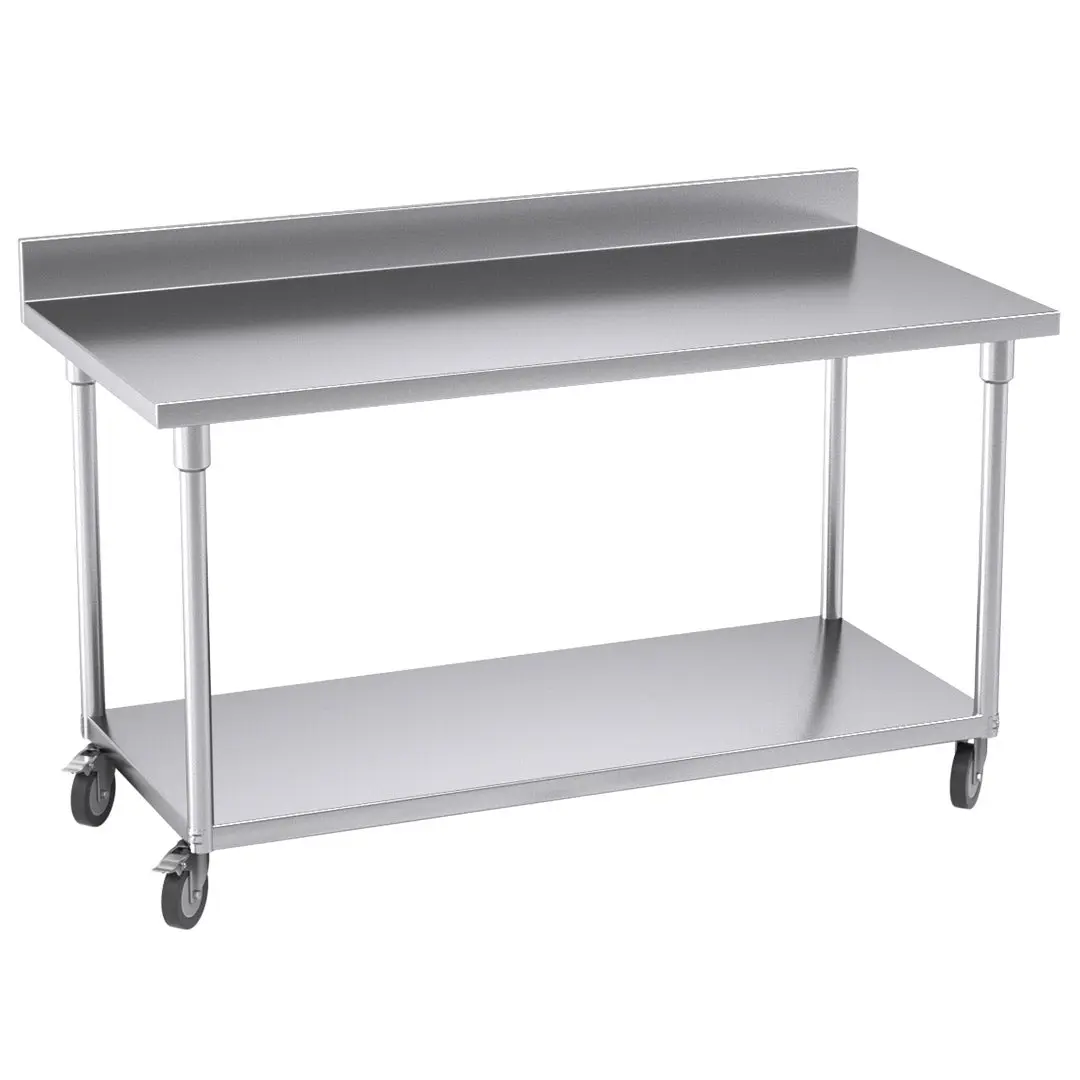 SOGA 150cm Commercial Catering Kitchen Stainless Steel Prep Work Bench Table with Backsplash and Caster Wheels - Furniture