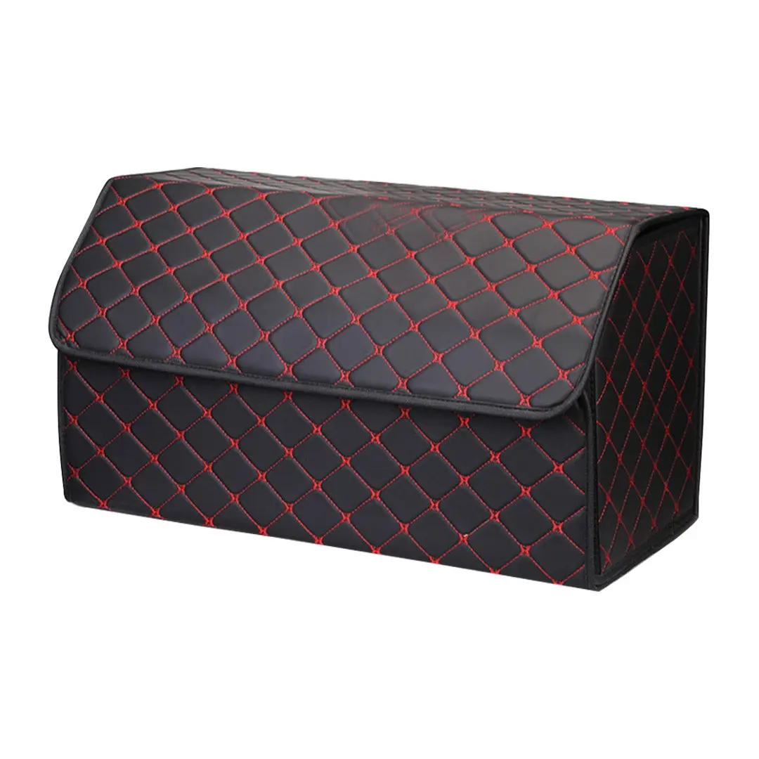 SOGA Leather Car Boot Collapsible Foldable Trunk Cargo Organizer Portable Storage Box Black/Red Stitch Large - Automotive