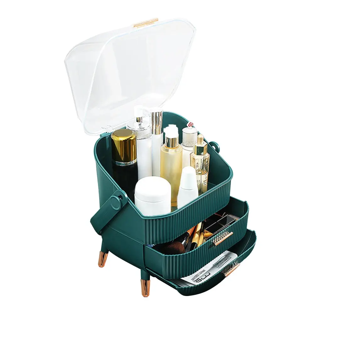 SOGA 29cm Green Countertop Makeup Cosmetic Storage Organiser Skincare Holder Jewelry Storage Box with Handle - Furniture