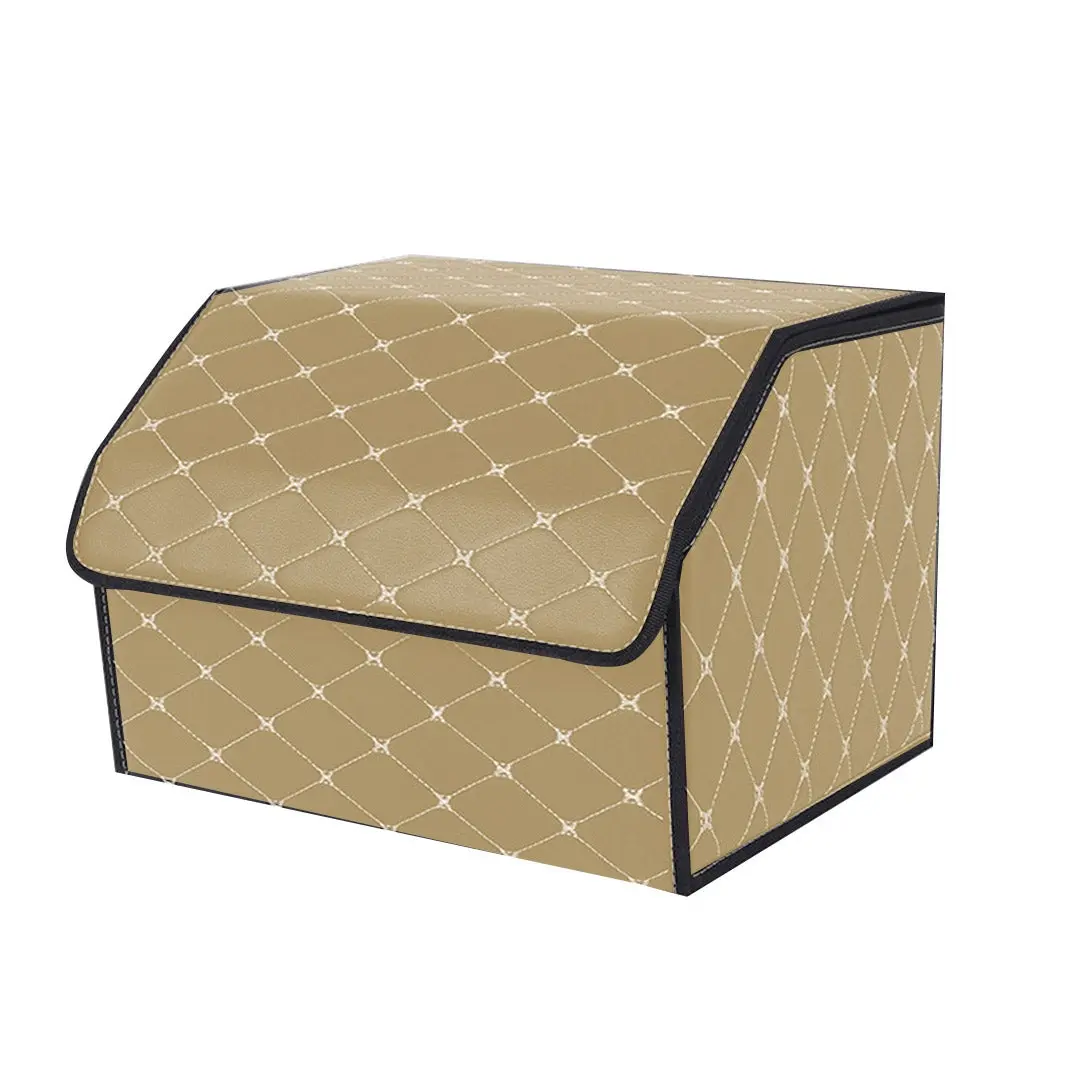 SOGA Leather Car Boot Collapsible Foldable Trunk Cargo Organizer Portable Storage Box Beige/Gold Stitch Medium - Automotive