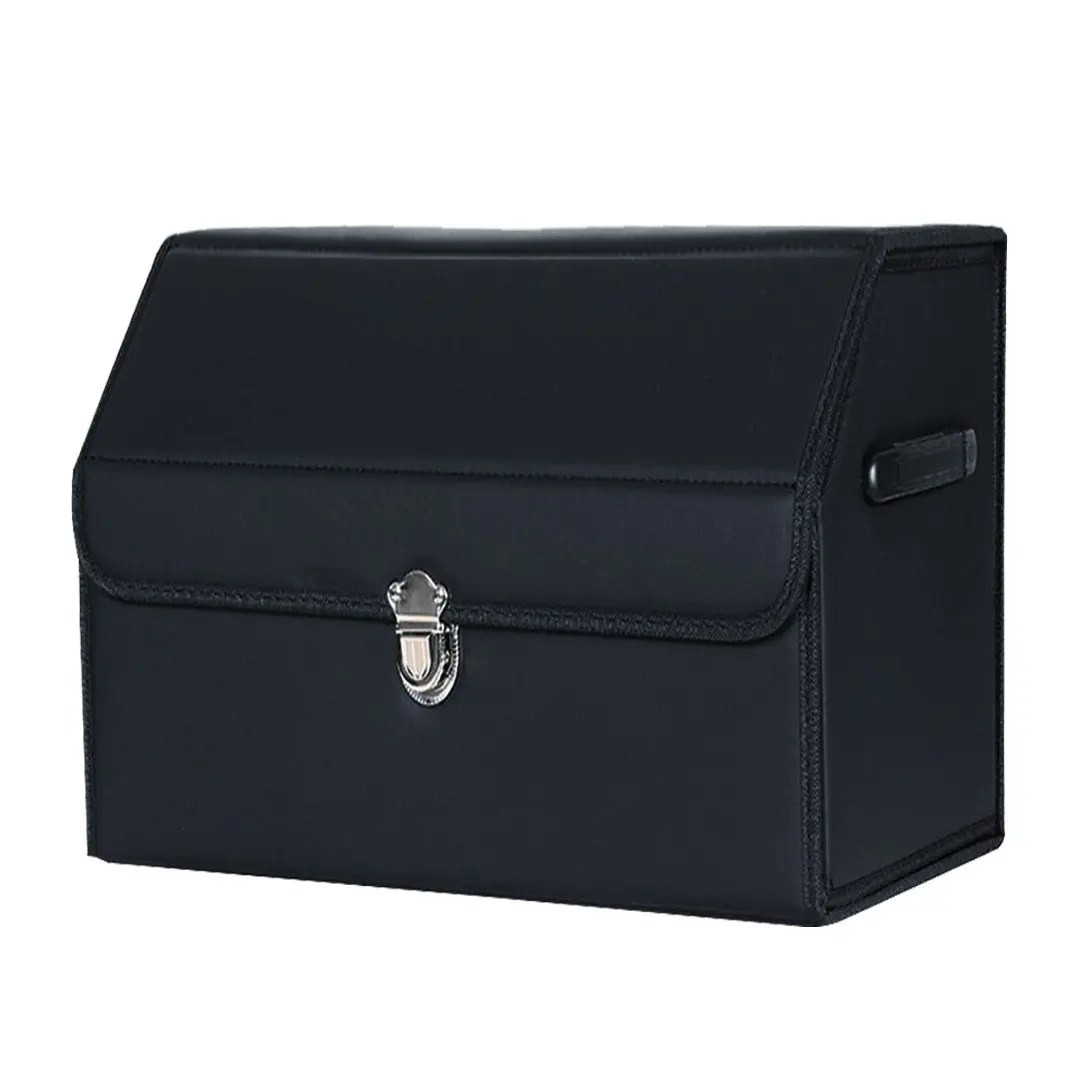 SOGA Leather Car Boot Collapsible Foldable Trunk Cargo Organizer Portable Storage Box With Lock Black Small - Automotive