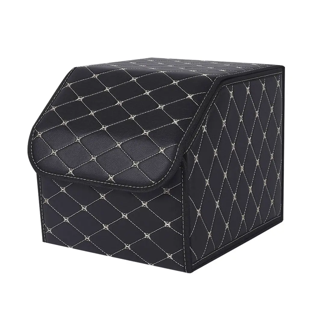 SOGA Leather Car Boot Collapsible Foldable Trunk Cargo Organizer Portable Storage Box Black/Gold Stitch Small - Automotive