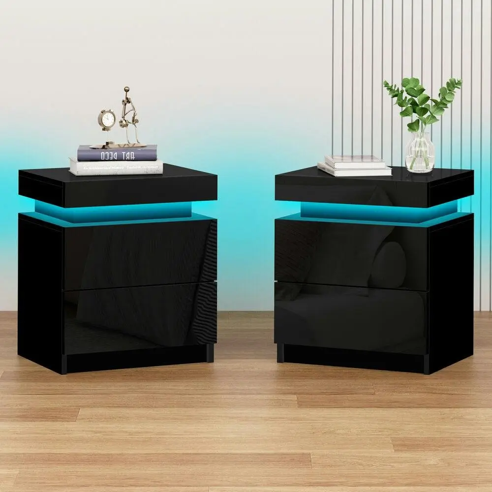 Alfordson 2x Bedside Table LED Gloss Black - Furniture