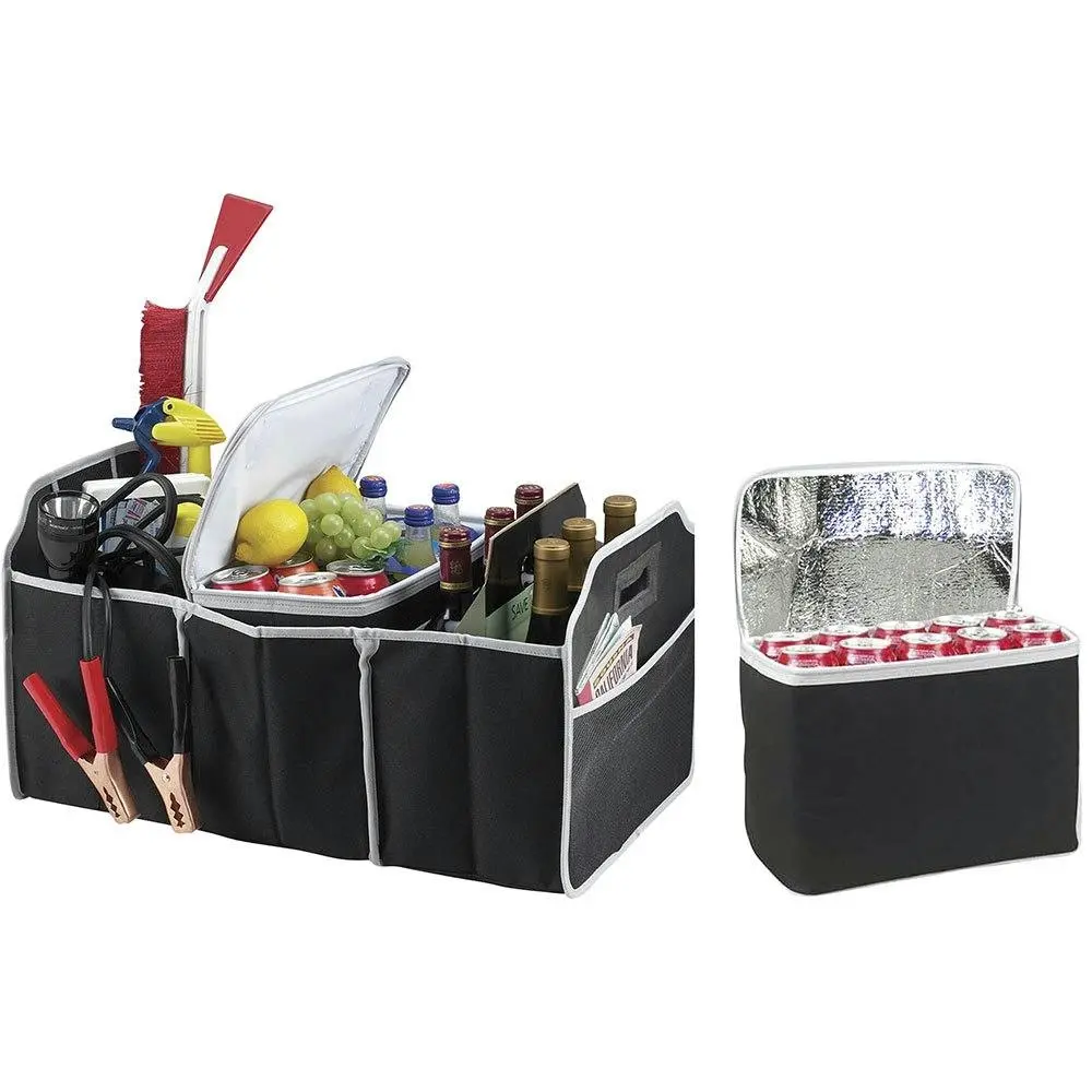 Collapsible Car Boot Organiser w Cooler Bag Folding Pocket Thermal Trunk Storage - Automotive