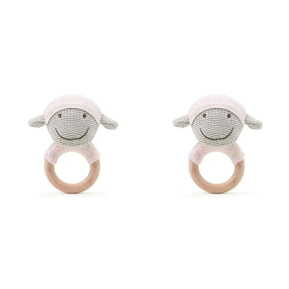 2x The Peanutshell Lamb Wood Ring Teether 13cm Baby Teething Animal Toy Pink 0+