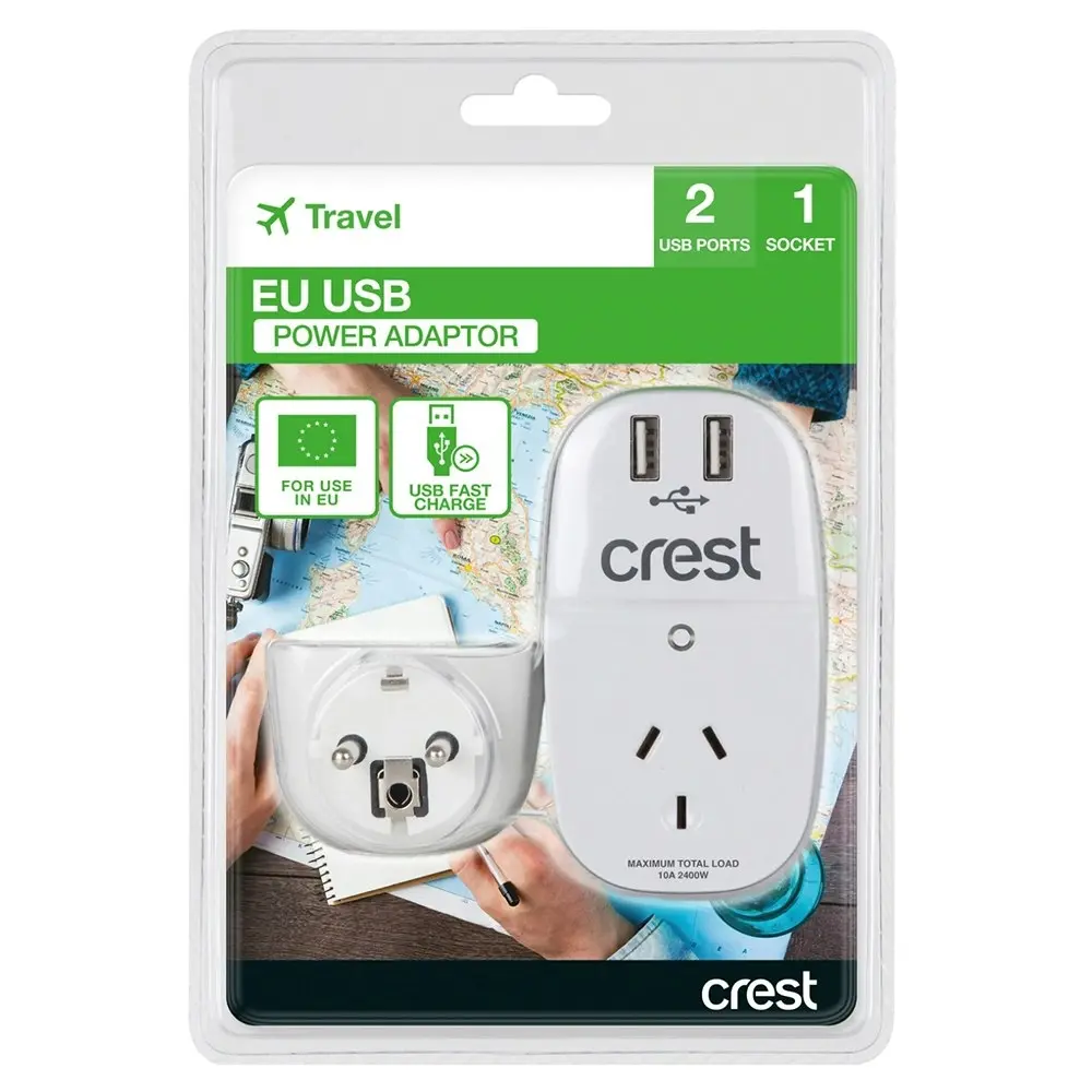 Crest EU to AU Travel Power Adaptor 240V Converter w/ Socket/2 USB Ports White - Electronics