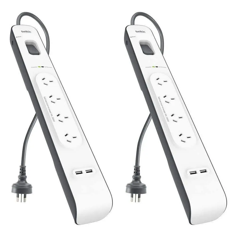 2x Belkin 4 Way Outlet Surge Protector 2M Power Board 2.4A w 2 USB Port Charger - Electronics