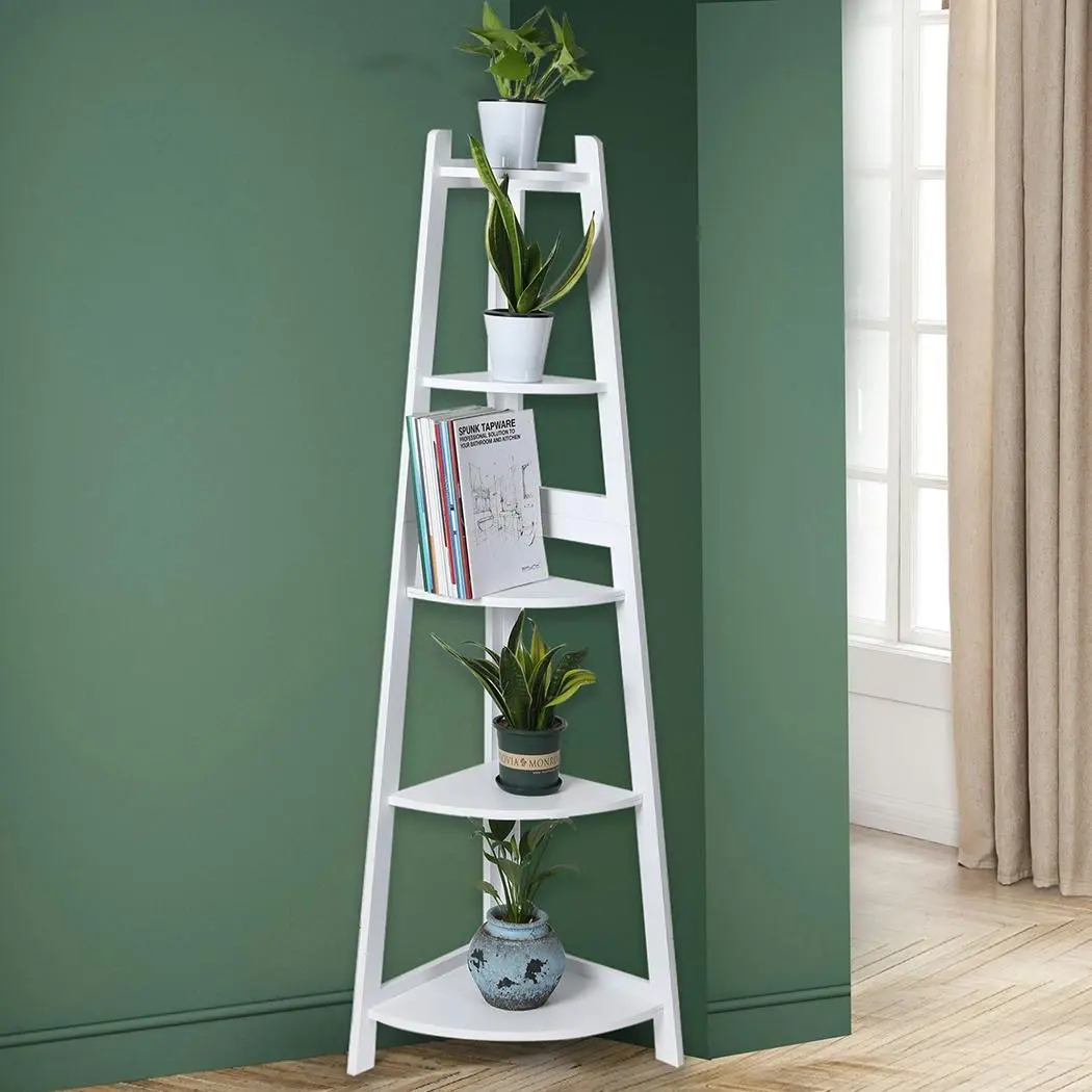 Levede 5 Tier Corner Shelf Wooden Storage Home Display Rack Plant Stand White - Furniture