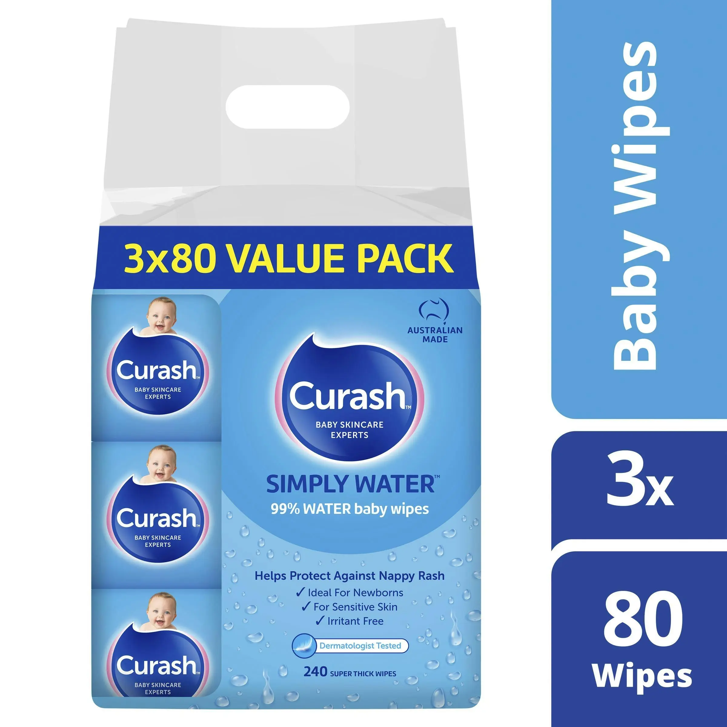 Curash Water Wipes 3X80 Pack - Baby