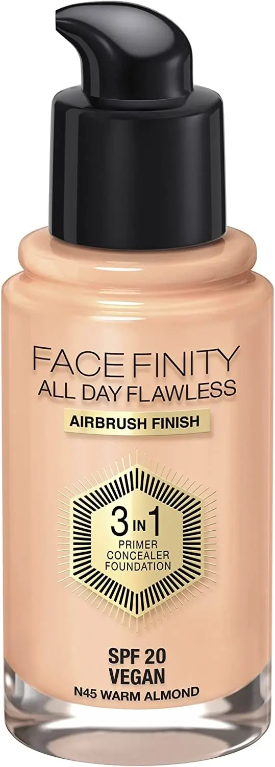 Max Factor Facefinity All Day Flawless 3 In 1 Liquid Foundation, 45 Warm Almond, 30ml - Beauty