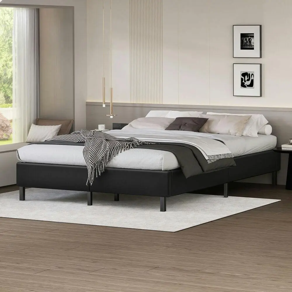 Alfordson Bed Frame Double Size Mattress Base Foundation Black Leather BASEL - Furniture