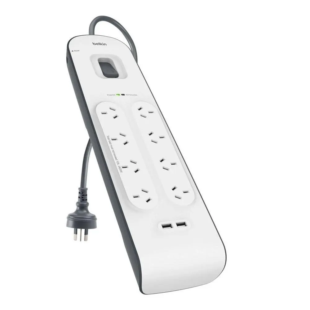 Belkin 8 Way Outlet Surge Protector 2M Power Board 2.4A w 2 USB Ports Charger - Electronics