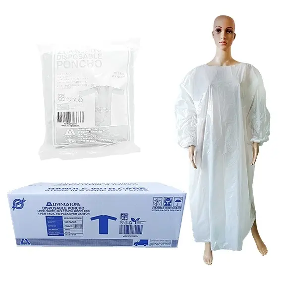 Livingstone Disposable White Poncho Hoodless Recyclable LDPE 80 x 125cm 100 Carton - Commercial